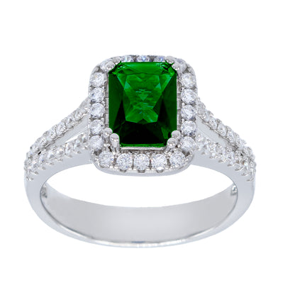 Emerald-Cut Halo-Set Cubic Zirconia Engagement Ring, Sterling Silver