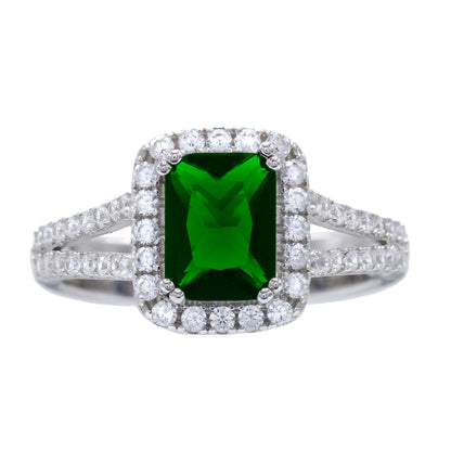 Emerald-Cut Halo-Set Cubic Zirconia Engagement Ring, Sterling Silver