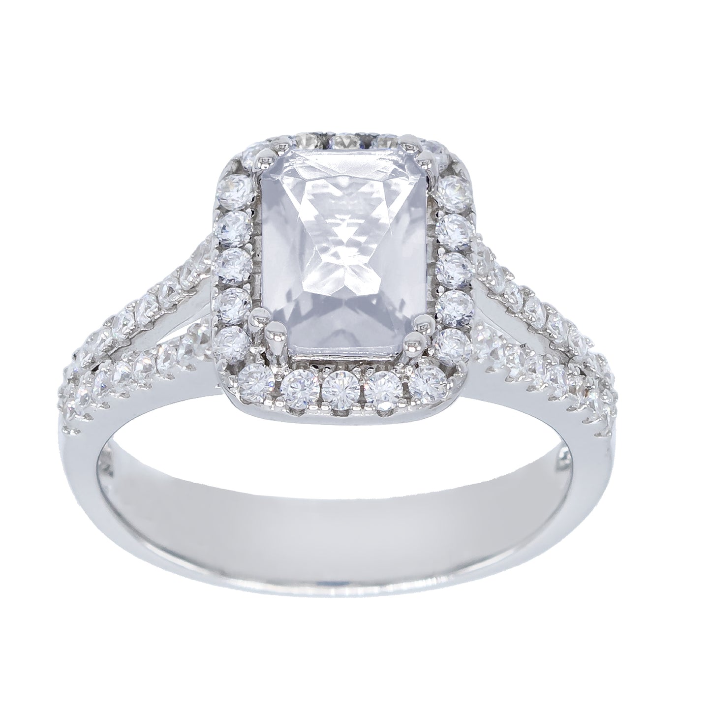 Emerald-Cut Halo-Set Cubic Zirconia Engagement Ring, Sterling Silver