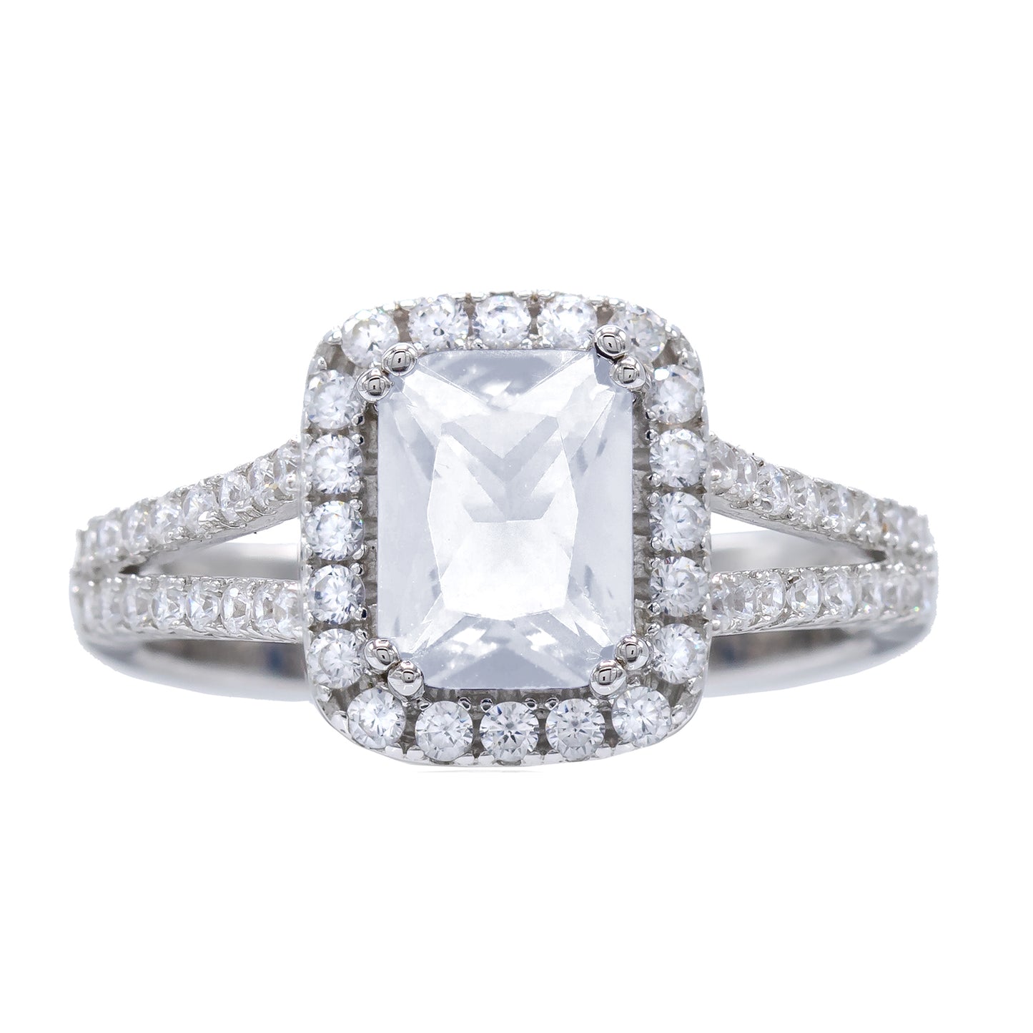 Emerald-Cut Halo-Set Cubic Zirconia Engagement Ring, Sterling Silver