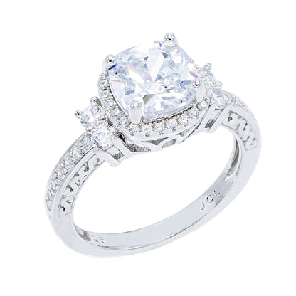 Cushion-Cut Halo-Set Cubic Zirconia Center with 2-Stone Round-Cut Side Stones Engagement Ring, Sterling Silver