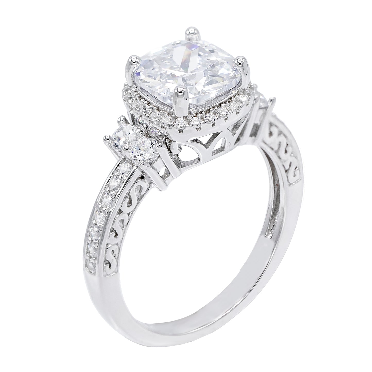 Cushion-Cut Halo-Set Cubic Zirconia Center with 2-Stone Round-Cut Side Stones Engagement Ring, Sterling Silver