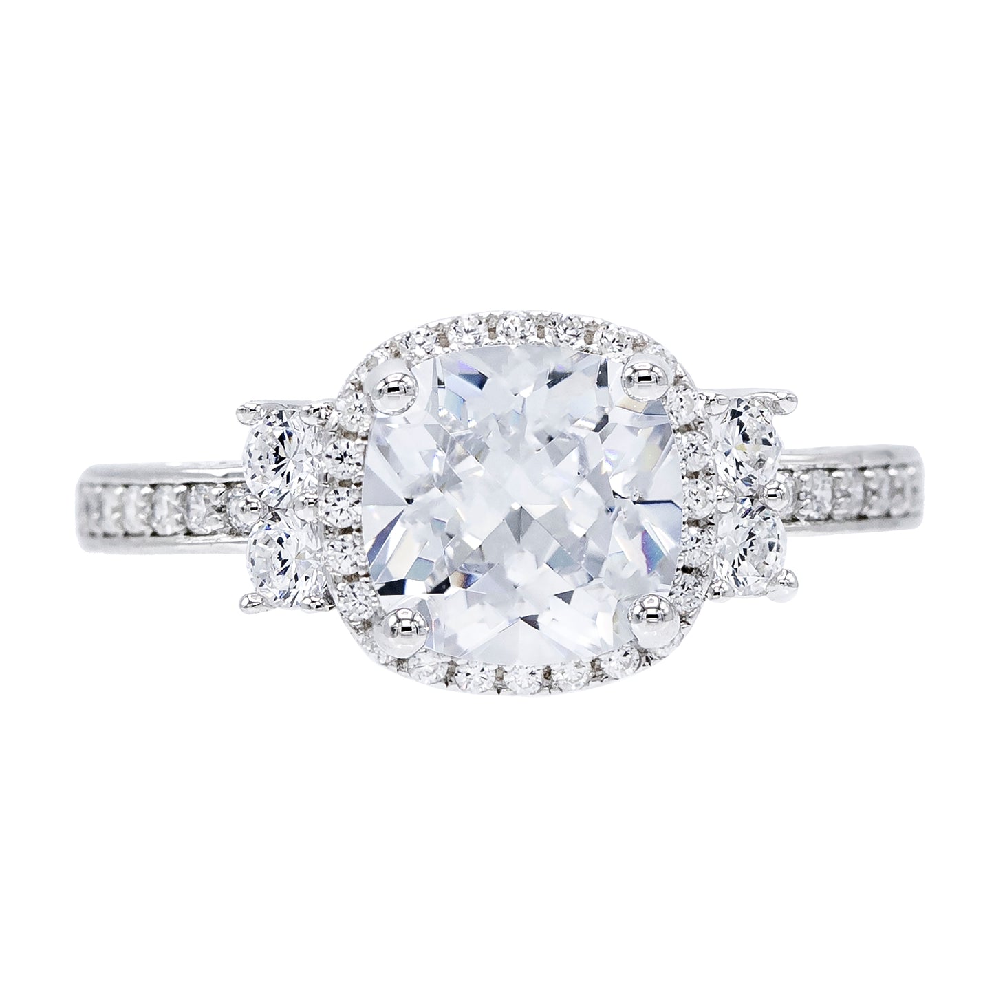 Cushion-Cut Halo-Set Cubic Zirconia Center with 2-Stone Round-Cut Side Stones Engagement Ring, Sterling Silver