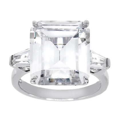 14.75 Carat Emerald-Cut Cubic Zirconia Center Stone with Tapered Baguette Side Stones Engagement Ring, Sterling Silver