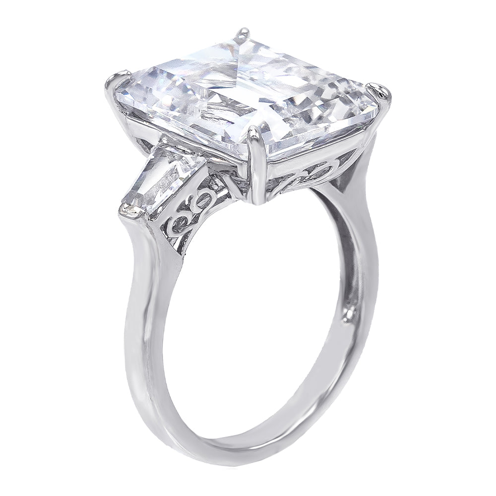 14.75 Carat Emerald-Cut Cubic Zirconia Center Stone with Tapered Baguette Side Stones Engagement Ring, Sterling Silver