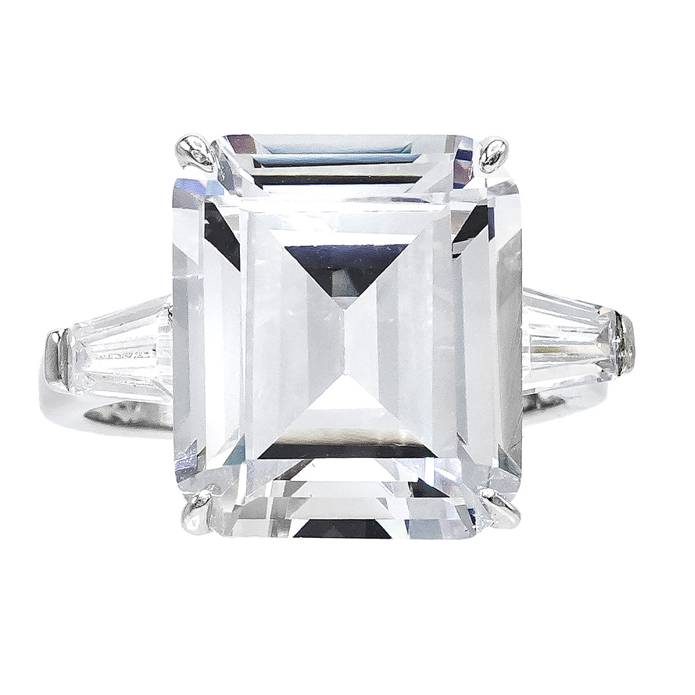 14.75 Carat Emerald-Cut Cubic Zirconia Center Stone with Tapered Baguette Side Stones Engagement Ring, Sterling Silver