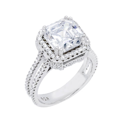 Asscher Cut Halo Set Cubic Zirconia Solitaire Ring, Sterling Silver