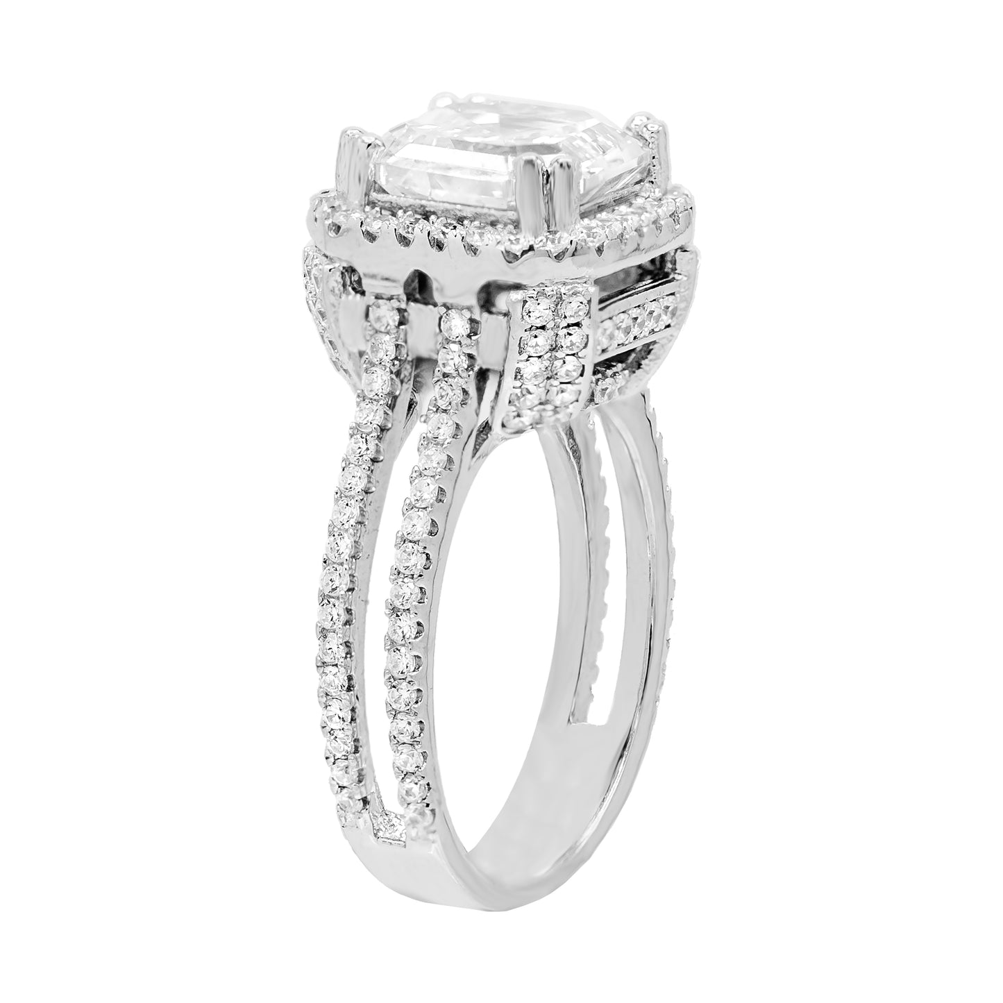 Asscher Cut Halo Set Cubic Zirconia Solitaire Ring, Sterling Silver